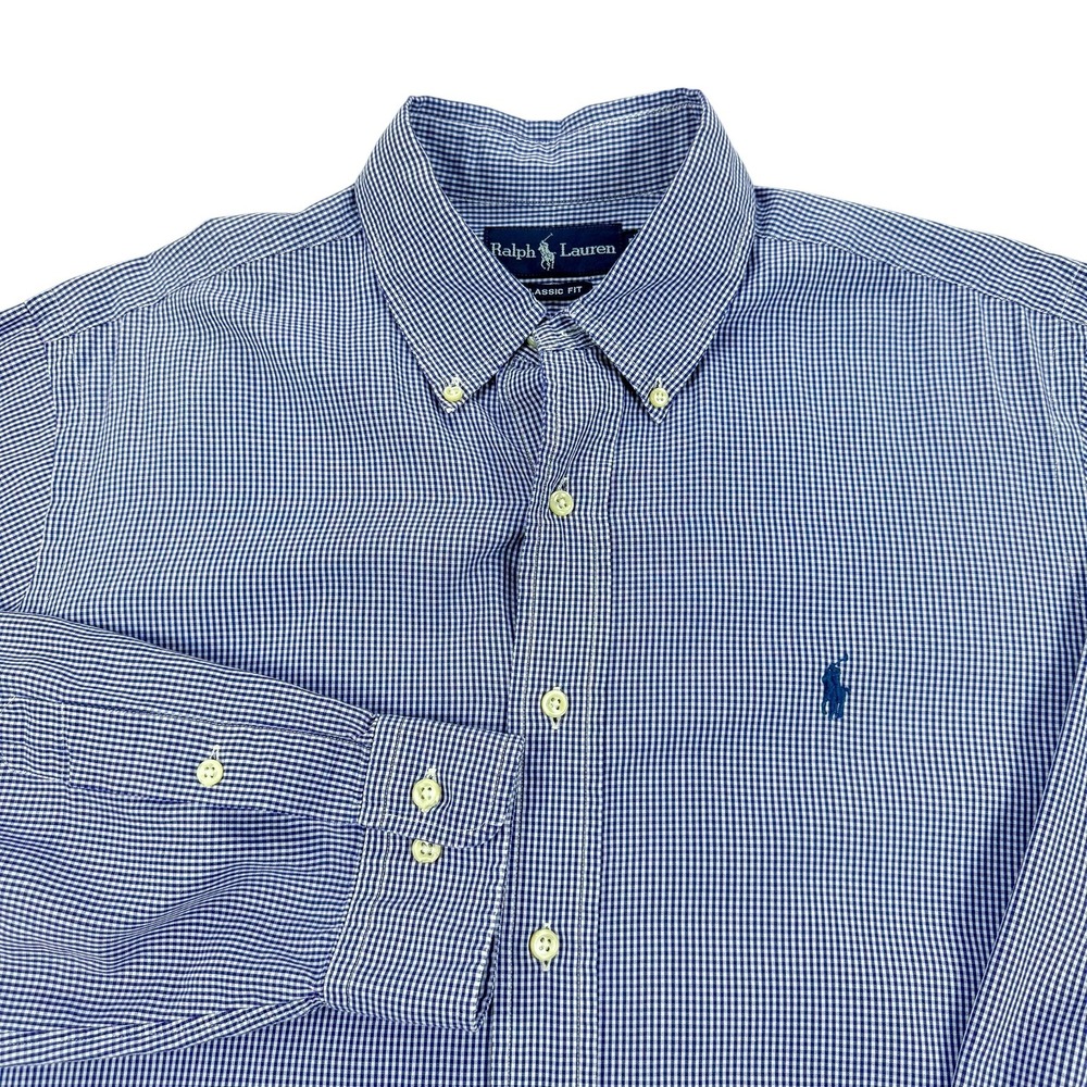 VTG Ralph Lauren Shirt Mens 16 34/5 Blue Check Classic Fit Button Down Pony Logo